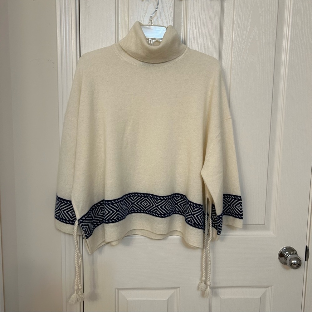 Polo Ralph Lauren Cashmere Geo-Motif Turtleneck Tassel Tie Sweater in Cream/Navy - Picture 3 of 9